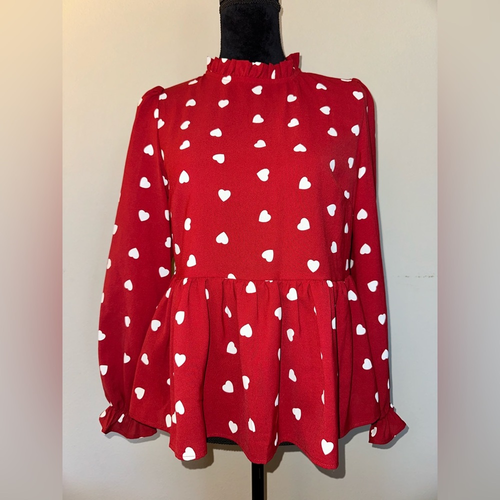 Red Blouse with White Hearts Long Sleeve with Ruffles Small